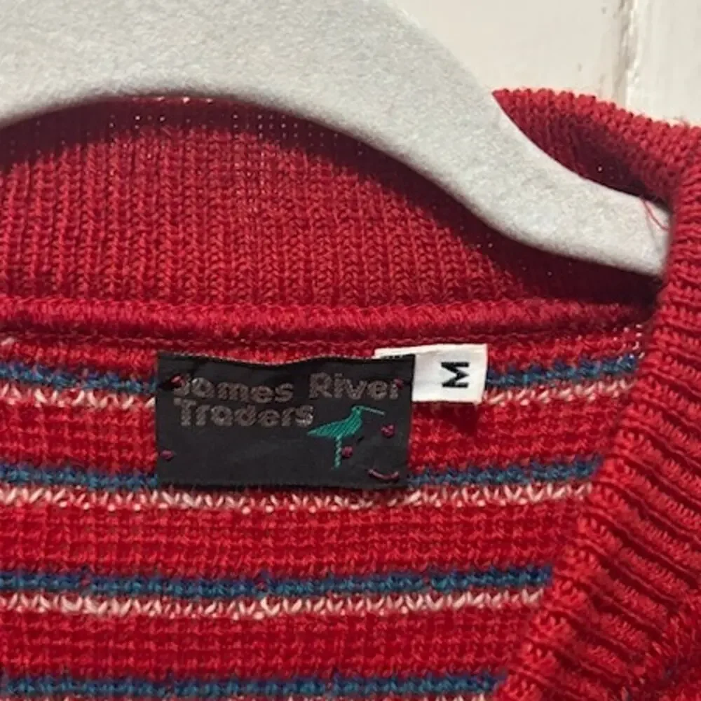 Vintage James River Traders 100% Wool Sweater Red w Blue and White Mens Medium